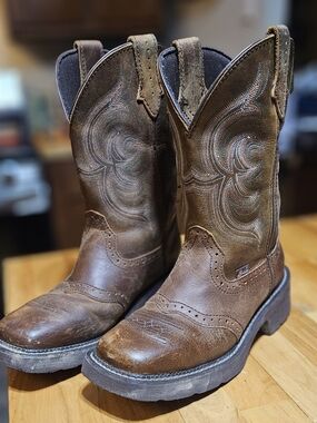 Justin Boots Brown Western Pull-On Work Boots with Embroidered Shaft